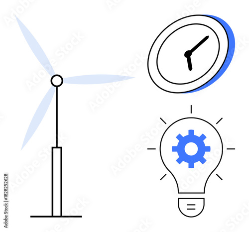 Wind turbine for sustainability, clock for time management, and light bulb with gear for innovation. Ideal for energy, technology, efficiency, green solutions, productivity, creativity
