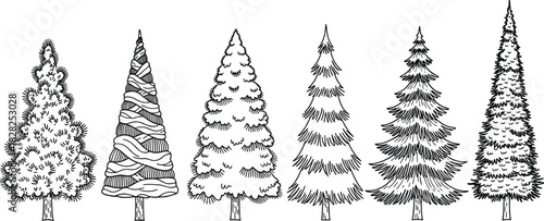 blue evergreen tree icons, stylized pine illustrations, winter forest graphics, abstract christmas trees, decorative foliage symbols, seasonal nature design elements
