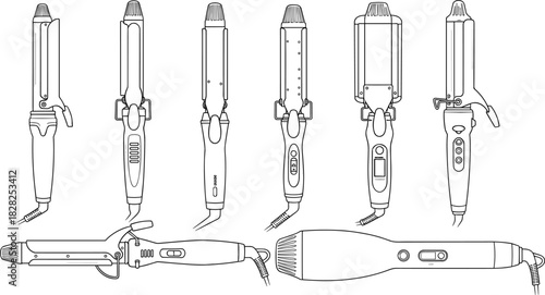 curling iron blueprint, hair styling tools, professional salon equipment, digital curling wand, clamp barrel design, beauty tech illustration, product comparison