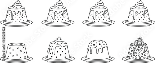 cute dessert icons, pudding illustration, kawaii cake design, whipped cream topping, sweet food art, colorful snack, vector style, bakery