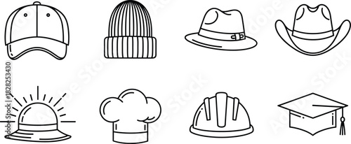 different hats collection, headwear icons, profession hats, fashion accessories, cultural symbols, occupation styles, vector illustration, diverse hats, flat design, colorful headwear