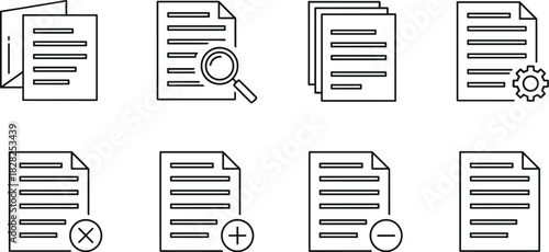 Document icons set, file management symbols, digital interface graphics, UI elements, workflow visuals, office tools, data organization, vector illustrations