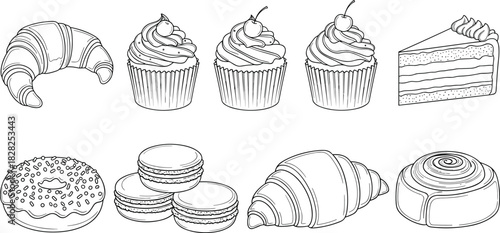 croissant, cupcake, cake slice, donut, macaron, cinnamon roll, pastry illustration, dessert drawing, bakery sketch, sweet food art