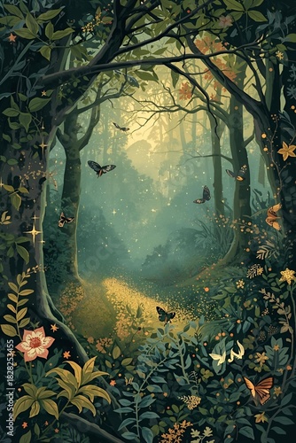 Forest Illustration with Shimmering Golden Path and Fluttering Butterflies