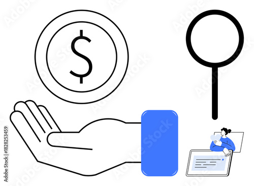 Financial analysis. Dollar symbol in an open hand monetary value. Magnifying glass and person analyzing on laptop emphasizing financial analysis. Suitable for fintech, economy, investments