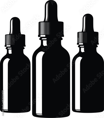 dropper bottle, essential oil, black packaging, blue cap, pharmaceutical container, cosmetic vial, wellness product, liquid dispenser, medical dropper, tincture bottle
