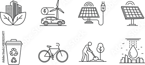 eco city, green energy, solar power, electric car, recycling, bicycle, tree planting, water conservation, sustainability, environment, renewable energy, clean transport