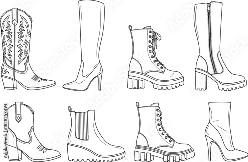 fashion boots collection, cowboy boot sketch, combat boot illustration, high heel footwear, ankle boot design, stylish shoe outline, trendy boots
