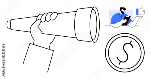Hand holding telescope for foresight, man on tablet for engagement, dollar coin symbolizing goals. Ideal for business vision, strategy, financial planning, teamwork, innovation, success