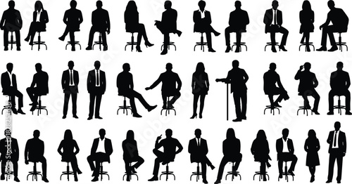 Large set of diverse seated and standing business people silhouettes, representing audience members, professional staff, communication, and corporate waiting figures.