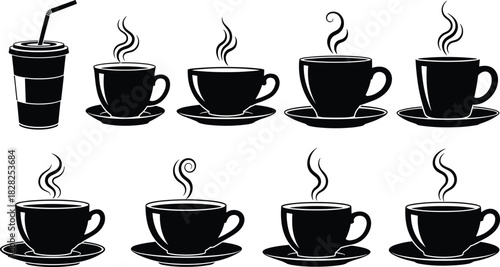 Hot beverage icons, coffee cup silhouettes, steaming tea mugs, takeaway drink illustration, minimal style, black blue design, cafe branding