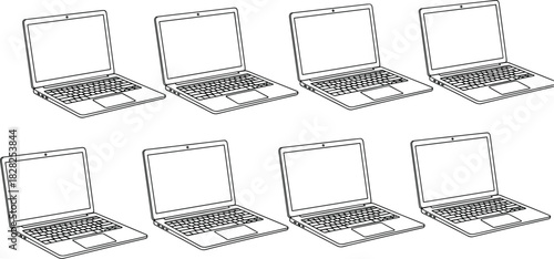 laptop icon set, digital workspace, tech illustration, device outline, computer sketch, minimal design, online tools, modern technology, editable graphic, vector laptop, business concept