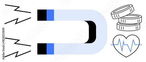 Horseshoe magnet radiating energy, connected to coins stack and heartbeat symbol. Ideal for finance, health, attraction, energy, success, innovation simplicity. Clean flat metaphor