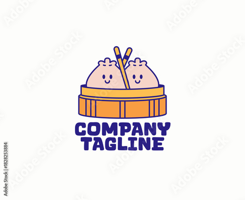 Dim sum logo with smiling dumplings inside a bamboo steamer and chopsticks cute character mascot