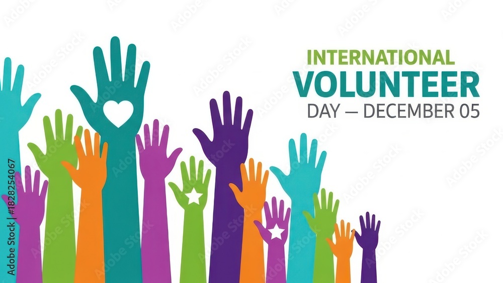 Fototapeta premium Colorful raised hands illustration celebrating international volunteer day on december 5th, symbolizing community service, support, and unity, isolated on white background