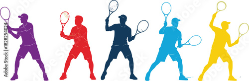 Colorful tennis player silhouette, vector illustration set, male athlete holding racket, sport game action, multicolor design figures, active man