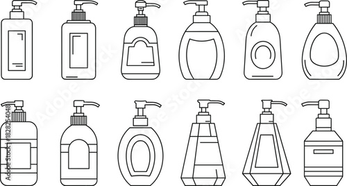 liquid soap bottle outline, lotion dispenser icon set, cosmetic packaging design, pump bottle vector, hygiene container illustration