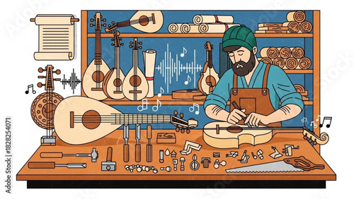 Musical Instrument Craftsman Handcrafting Lute in Workshop – Vector Illustration