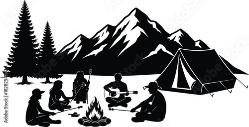 Friends around campfire roasting marshmallows, camping near mountain and forest trees, playing guitar, hiking and relaxing outdoor nature adventure vector illustration.