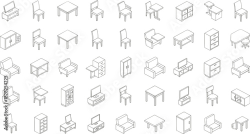 isometric furniture icons, office chairs, modern desks, storage cabinets, tv stands, armchairs, filing units, wardrobe set, interior decor, vector illustration
