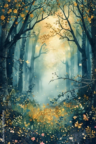 Enchanted Watercolor Forest with Golden Light and Glittering Foliage