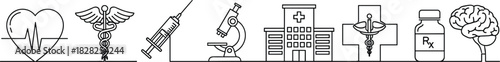 medical icons, healthcare symbols, hospital, heart, syringe, microscope, brain, caduceus, prescription, neurology, research, diagnostics, treatment, medicine, wellness 