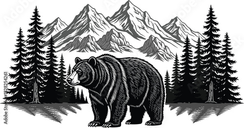 Grizzly bear standing in forest wilderness with pine trees and mountain peaks background, black and white vector illustration, wildlife, nature, and outdoor adventure vintage engraving graphic art.