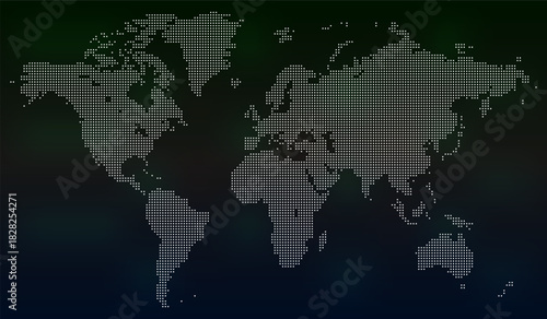 Halftone dot pattern vector infographic world map design displaying continents and accurate earth border view. Digital global planet earth showing continents and countries representation layout.