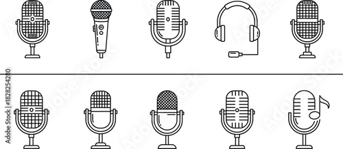 Microphone icons, headset illustration, audio equipment, podcast tools, vintage mic, minimal blue style, broadcast symbols, music recording, sound design, communication