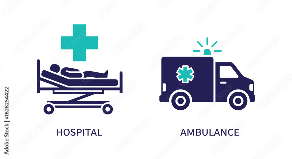 Fototapeta premium Vector illustration of hospital bed and ambulance isolated on for medical concept
