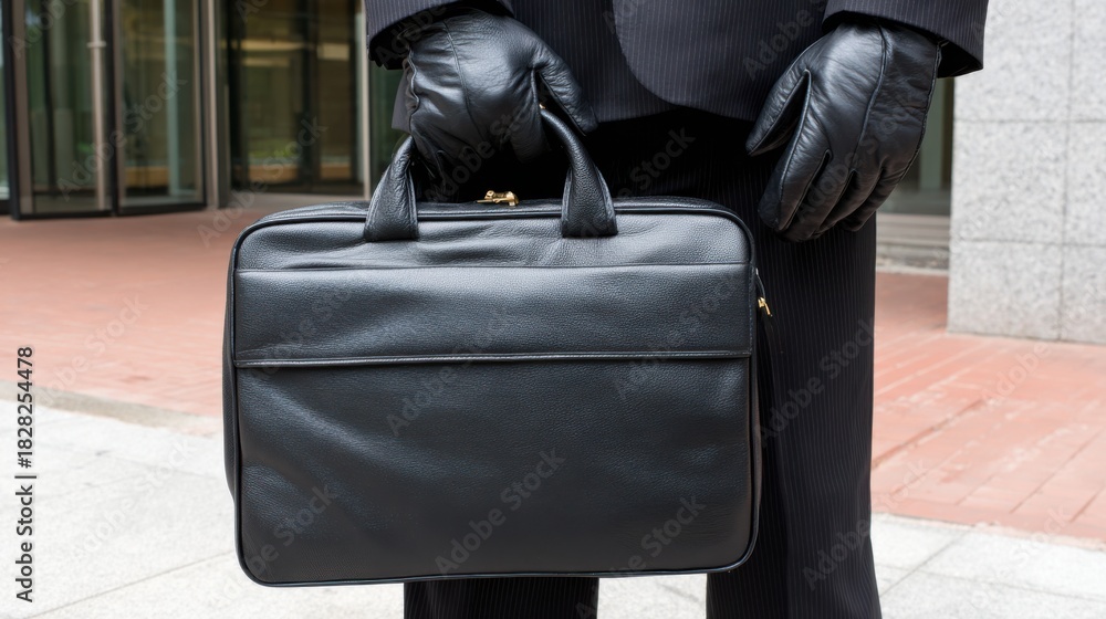 Naklejka premium Business professional holding a black briefcase in a modern urban setting during daytime