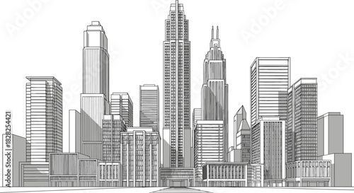 modern city skyline, urban architecture, high-rise buildings, skyscraper design, cityscape illustration, downtown view, metropolitan scene, architectural detail, blue tone