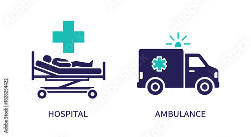 Vector illustration of hospital bed and ambulance isolated on for medical concept