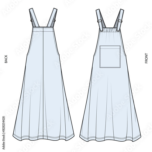 Ladies apron dress design technical flat sketch vector mockup template.