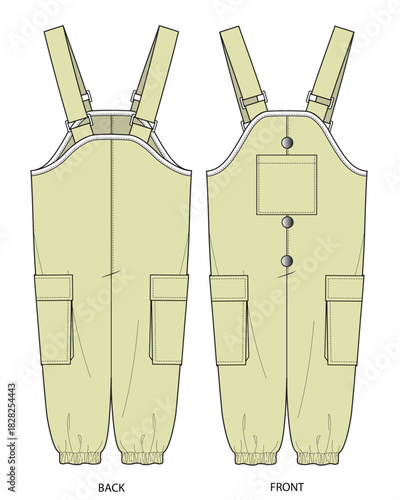 Kids denim overalls flat drawing vector design mockup template.