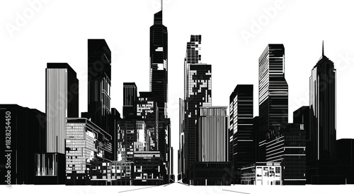 modern city skyline, urban architecture, skyscraper silhouette, black and white cityscape, metropolitan buildings, architectural diversity, downtown view, high-rise structures