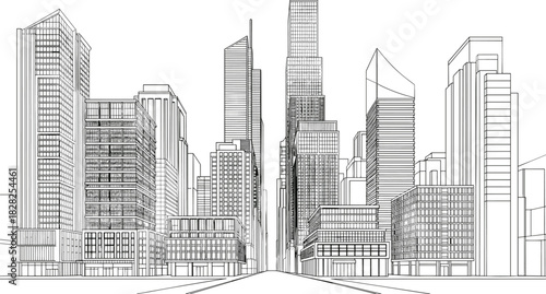modern cityscape, urban skyline, architectural diversity, skyscraper design, wide street, perspective view, downtown buildings, line drawing, black and white, city planning
