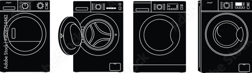 Modern laundry machines, front load washers, industrial dryers, utility appliances, laundromat equipment, stainless steel finish, clean interior, commercial laundry setup