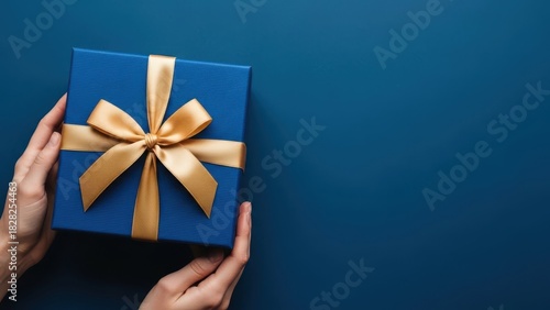 Overhead view of person holding a square blue gift box wrapped with a shiny gold ribbon and bow against a solid dark blue background, with copy space on the right