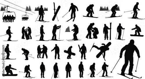 Large winter sports people silhouette vector set, skiers, snowboarders, and chairlift, collection of downhill skiing, snowboarding, and mountain recreation, extreme snow activity illustration graphic.