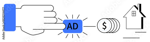Hand pressing ad button leading to stack of coins and house sketch. Ideal for marketing, e-commerce, finance, real estate, business growth, ROI analysis, and online advertising concepts. Simple flat