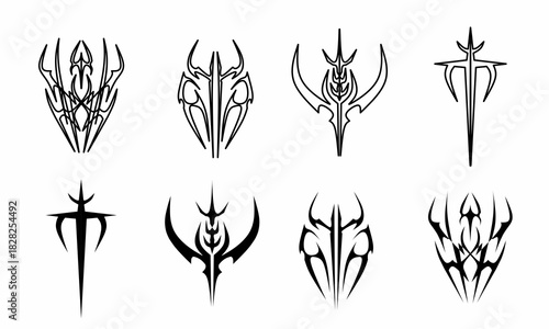 collection of symmetrical tribal emblems in clean black vector outlines. sharp fantasy shapes suitable for tattoos, streetwear graphics, esport logos, decals, and digital art projects