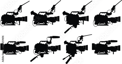 Professional video camera silhouettes, black isolated icons, filmmaking gear, studio equipment, broadcast tools, cinematography setup, media production, creative design elements