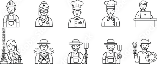 Professions outline icons, career illustration set, diverse occupations, vector workers, job roles, employment concept, editable line art, minimal style