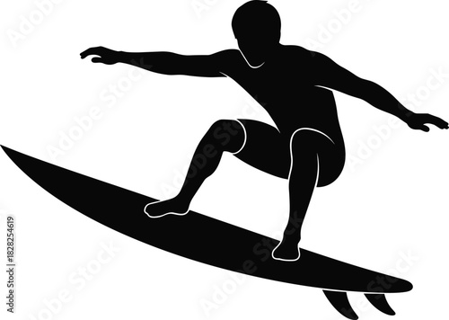 Male surfer riding surfboard silhouette vector illustration, professional surfer performing dynamic maneuver on ocean wave, extreme summer water sport activity and recreation graphic art.