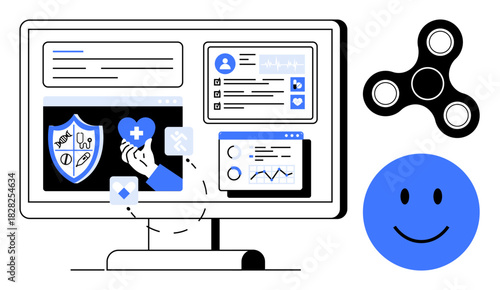 Digital health concept. Digital health interface user data and wellness icons, including shield, charts, and interactive elements. Digital health for apps, telemedicine, data tracking, wellness