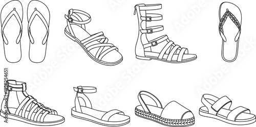 sandal collection, summer footwear, line art, fashion sketch, flip-flops, gladiator style, espadrilles, ankle strap, minimalist design, trendy shoessandal collection 