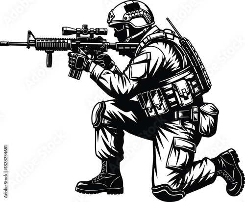 Military soldier aiming assault rifle with scope, kneeling in combat position vector illustration, special forces tactical gear, army, war, and defense concept, detailed black and white graphic art.