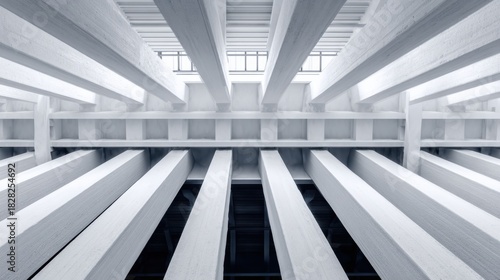 Unique architectural design featuring white beams and linear patterns in a modern building