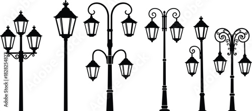 Vintage street lamps silhouette, ornate lamp post design, classic urban lighting, antique lantern collection, architectural inspiration, black vector illustration